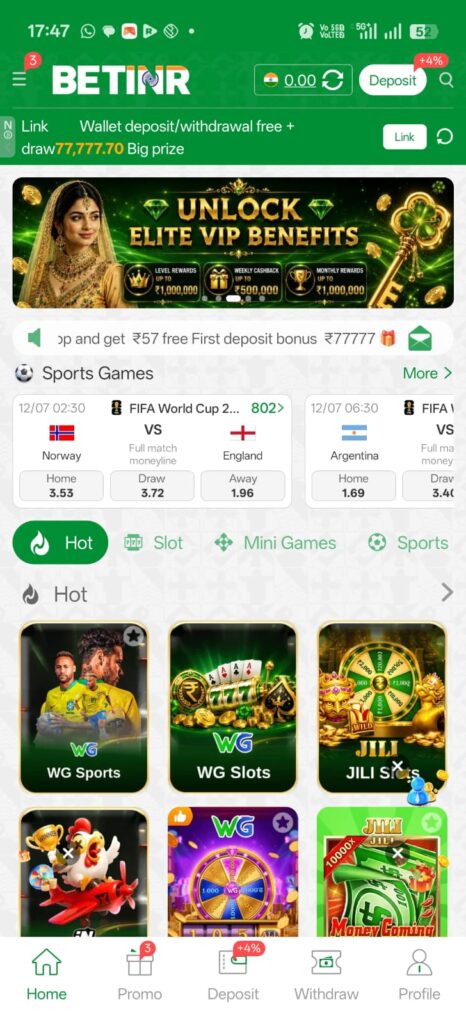 BetinrGame home screen interface with exciting gameplay features and modern design